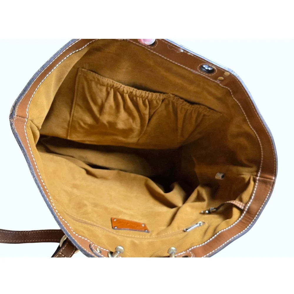Women's Patricia Nash Benvenuto Italy Leather Tote Map Print Crossbody Bag Tan